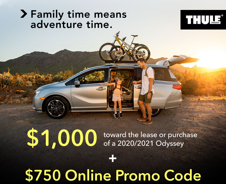 Family time means adventure time. Honda Odyssey Adventure Pack by Thule. 2020/2021 Odyssey Lease or Purchase offer and Online Promo Code.