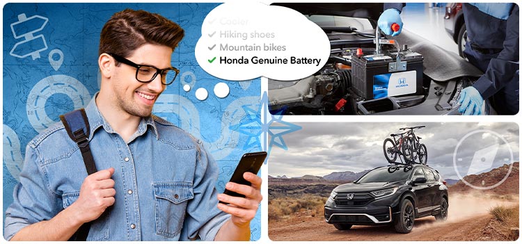 Cheerful man reading checklist on phone: Cooler, Hiking shoes, Mountain bikes, Honda Genuine Battery. Image of Battery and Honda with bike racks.