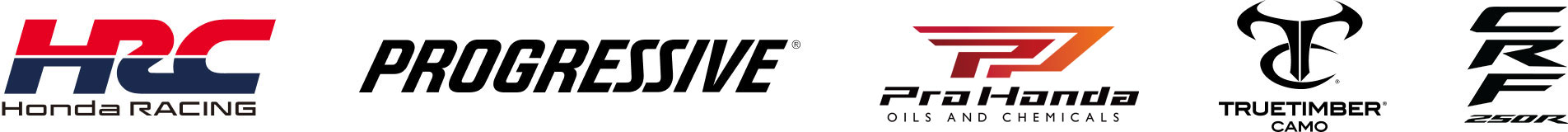 Logos: Honda Powersports | HRC Honda Racing | PROGESSIVE | ProHonda | TRUETIMBER CAMO | CRF250R
